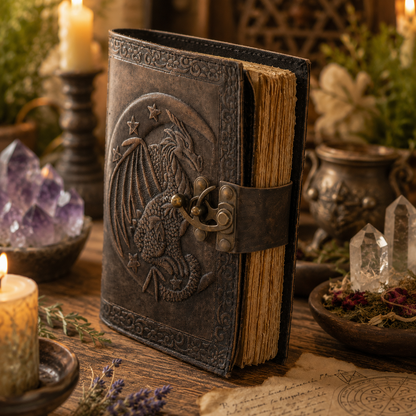 Dragon on moon leather journal – handmade witch grimoire, deckle edge pages, vintage design, view 3