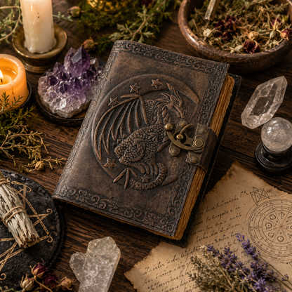 Dragon on moon leather journal – handmade witch grimoire, deckle edge pages, vintage design, view 5
