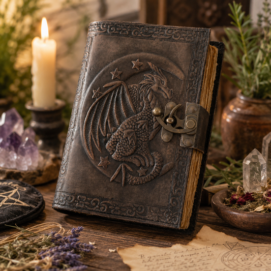 Dragon on moon leather journal – handmade witch grimoire, deckle edge pages, vintage design, view 1