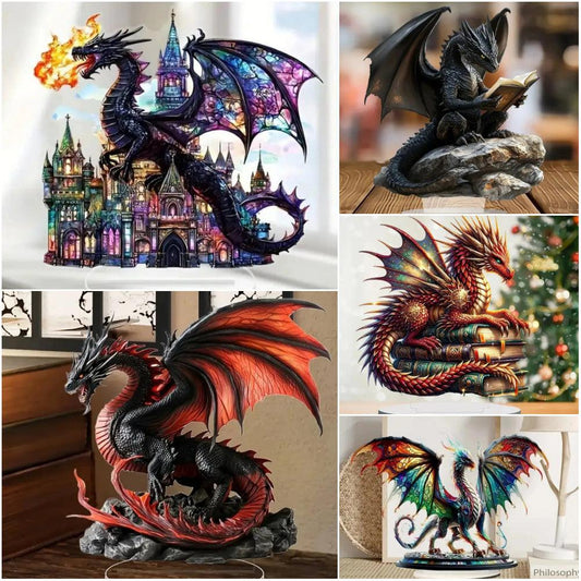 Book and Dragon 2D Flat Acrylic Figurine Dragon Table Ornament Dragon Desk Decor