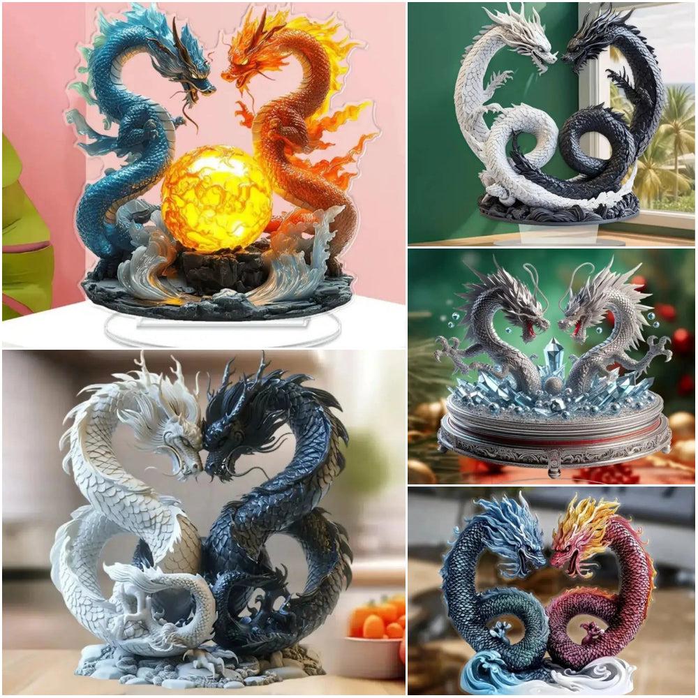 Double Dragons 2D Flat Acrylic Figurine Dragon Table Ornament Dragon Desk Decor-MoonChildWorld