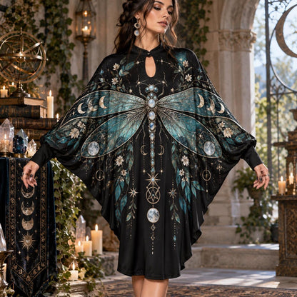Dragonfly Moon Celestial Batwing Dress – Witchy Pentagram Gothic Midi – worn, front view