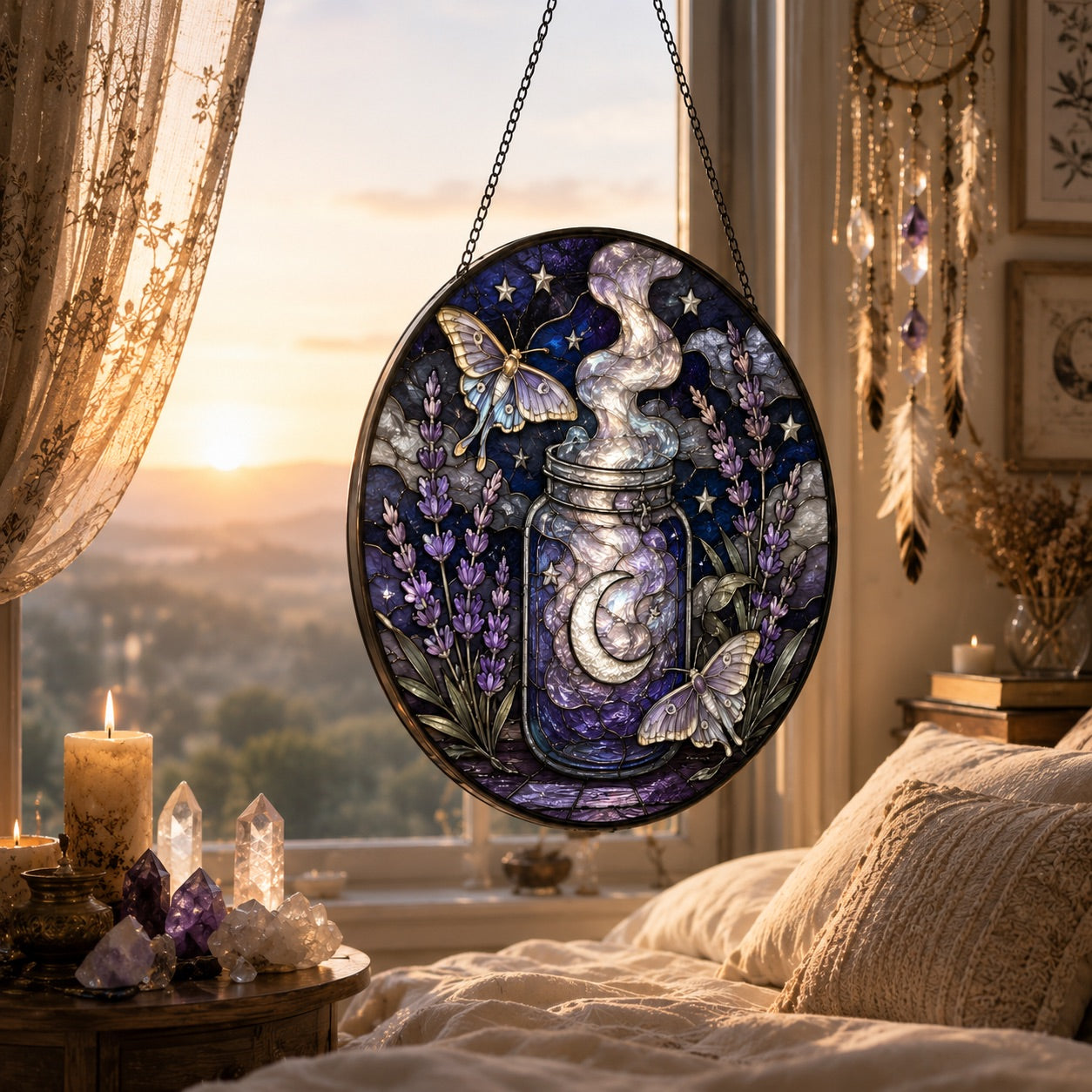 Dream Moon Jar Lavender Moth Glass Suncatcher - sunlight glow