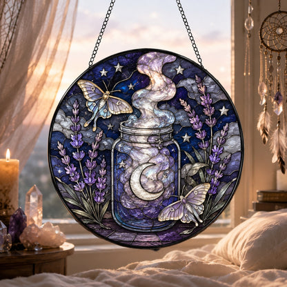 Dream Moon Jar Lavender Moth Glass Suncatcher - window display