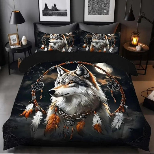 Dreamcatcher Wolf Duvet Cover Set Bohemian Bedding Set Pagan Home Decor-MoonChildWorld