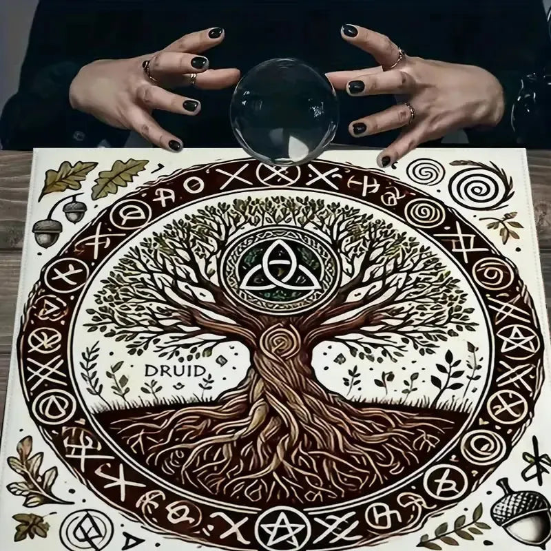 Hand-drawn Druid tree of life ritual cloth brown green – Wiccan altar decor and tarot reading mat