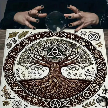 Hand-drawn Druid tree of life ritual cloth brown green – Wiccan altar decor and tarot reading mat