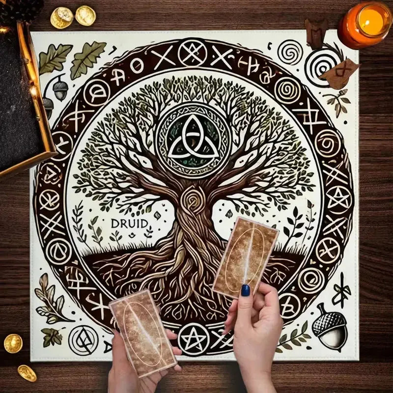 Earthy organic Celtic tree of life altar mat – Pagan hedge witch ritual and divination cloth