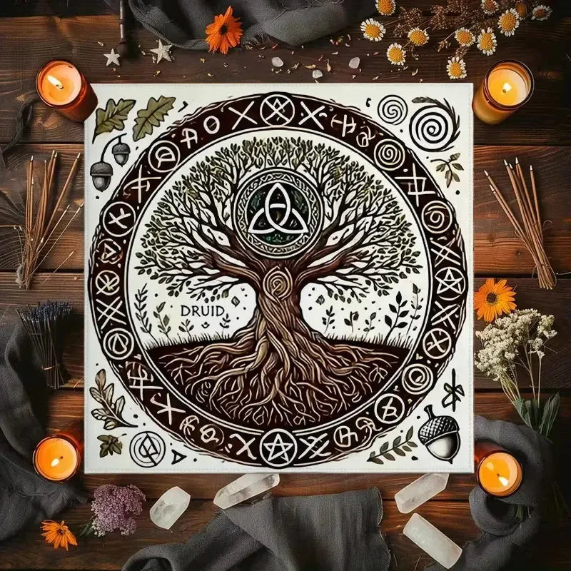 Druid sacred tree altar cloth brown white green – Wiccan Pagan boho spiritual table cover