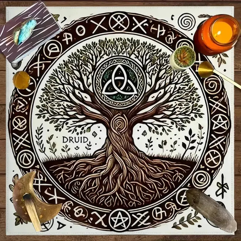 Druid Tree of Life Altar Cloth earth-tone hand-drawn – Celtic Pagan tarot mat for home altar