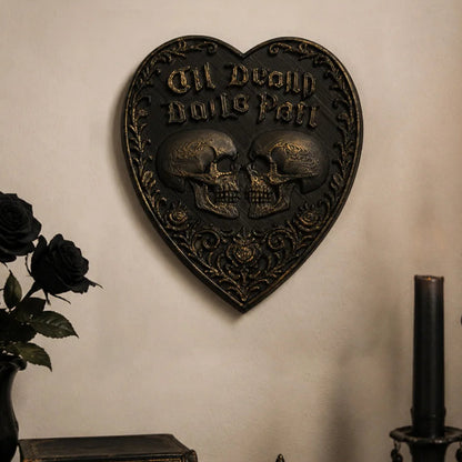 Dual skull heart wall plaque – antique gilt gothic wall art, front view