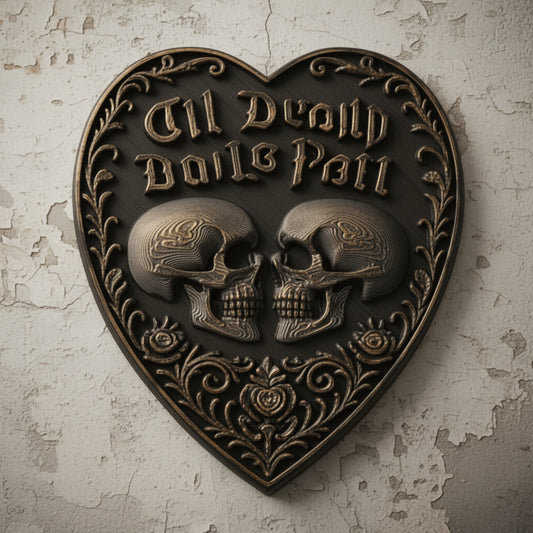 Heart skull wall plaque – embossed dual skull carved detail close-up