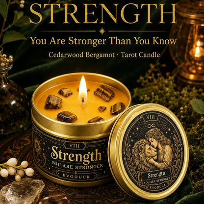 Strength Tarot Candle – Cedarwood Bergamot Scented Tiger Eye Candle