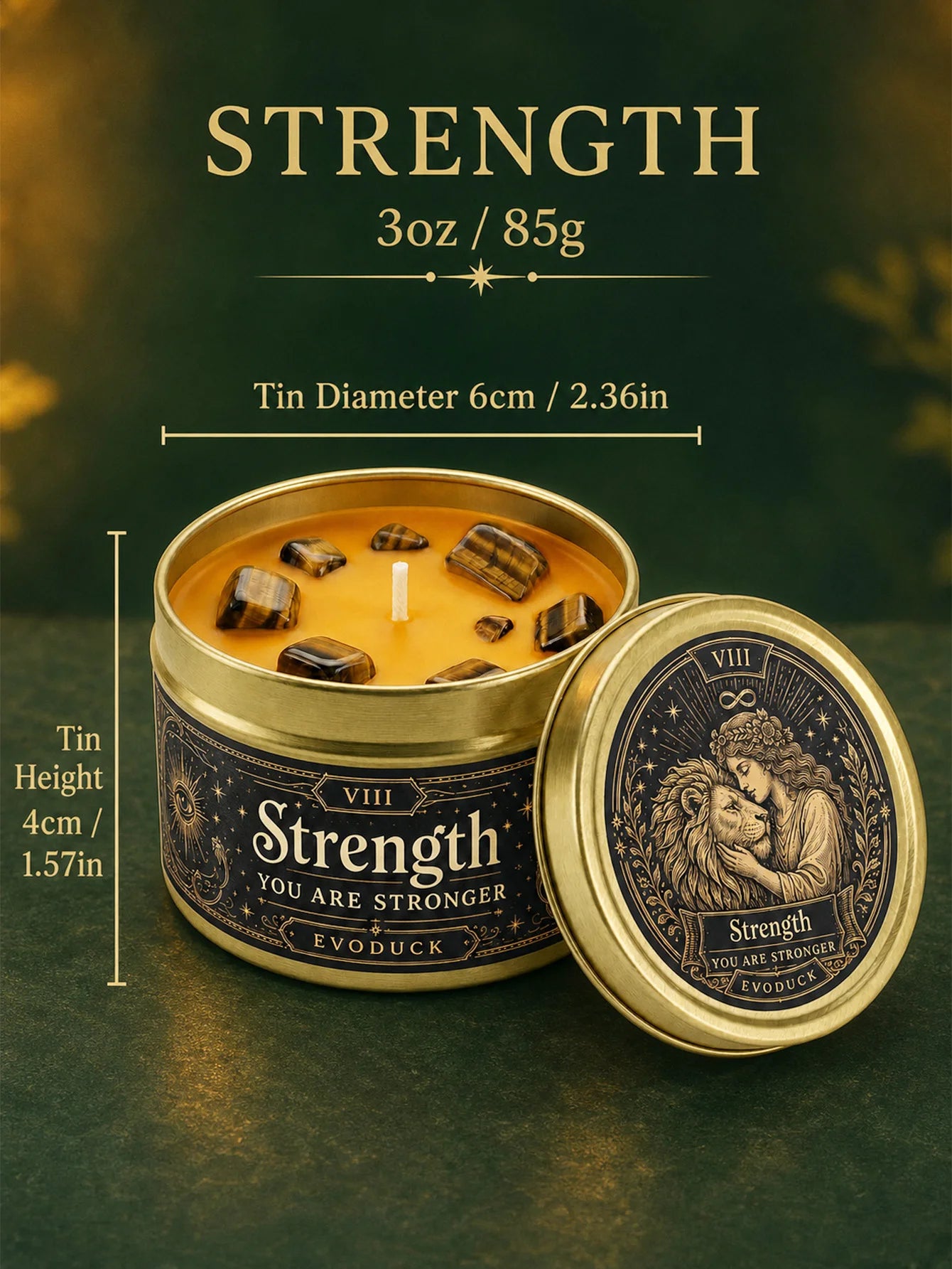 Strength Tarot Candle – Cedarwood Bergamot Scented Tiger Eye Candle
