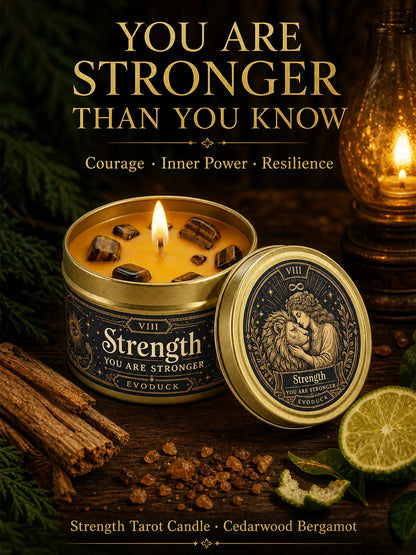 Strength Tarot Candle – Cedarwood Bergamot Scented Tiger Eye Candle