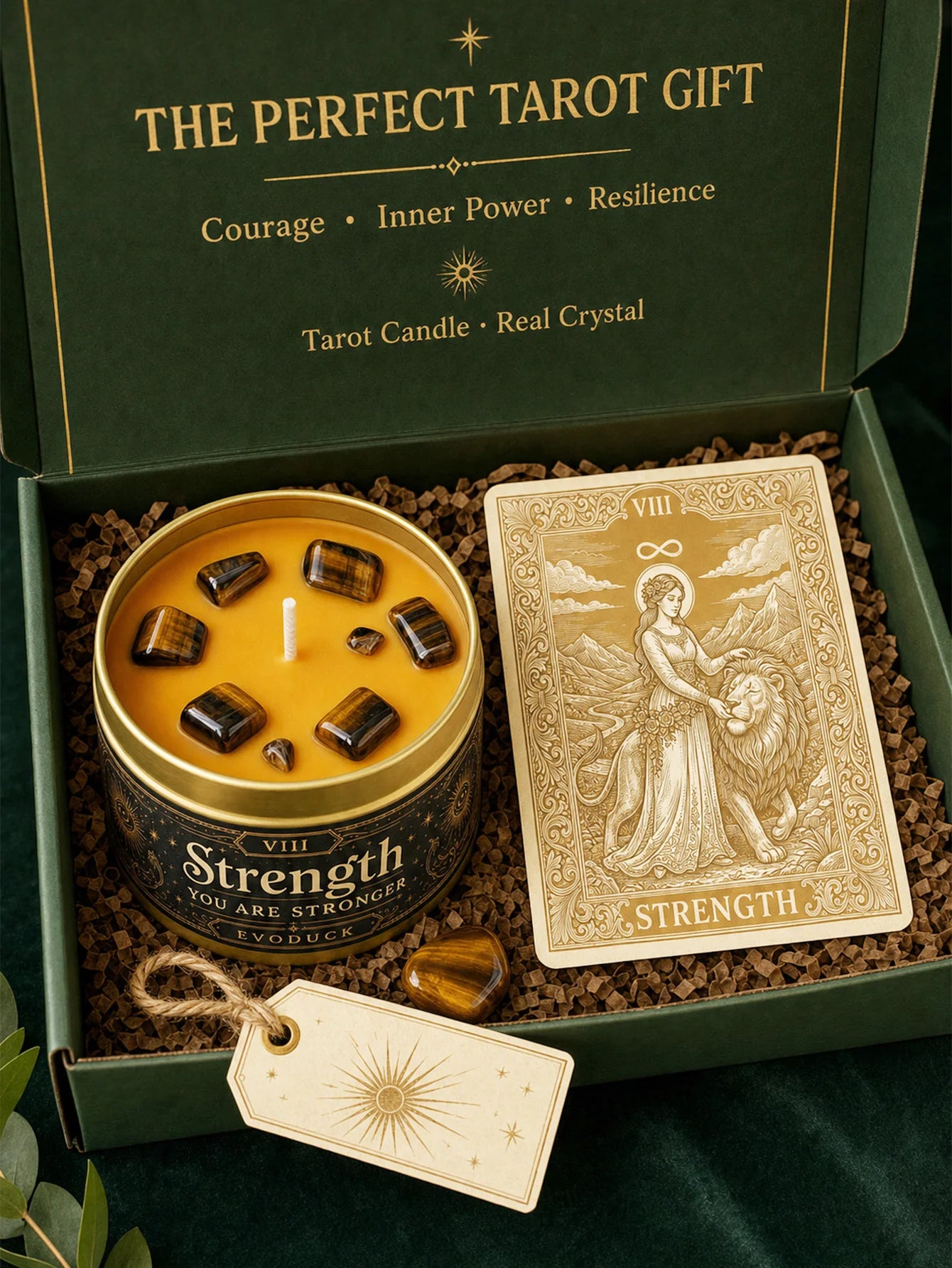Strength Tarot Candle – Cedarwood Bergamot Scented Tiger Eye Candle