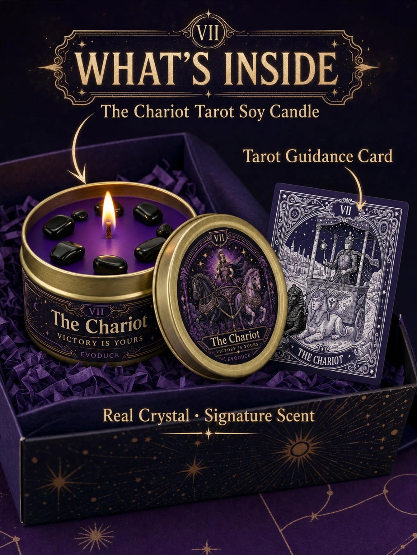 The Chariot Tarot Candle – Scented Crystal Candle for Witchy Altar Decor