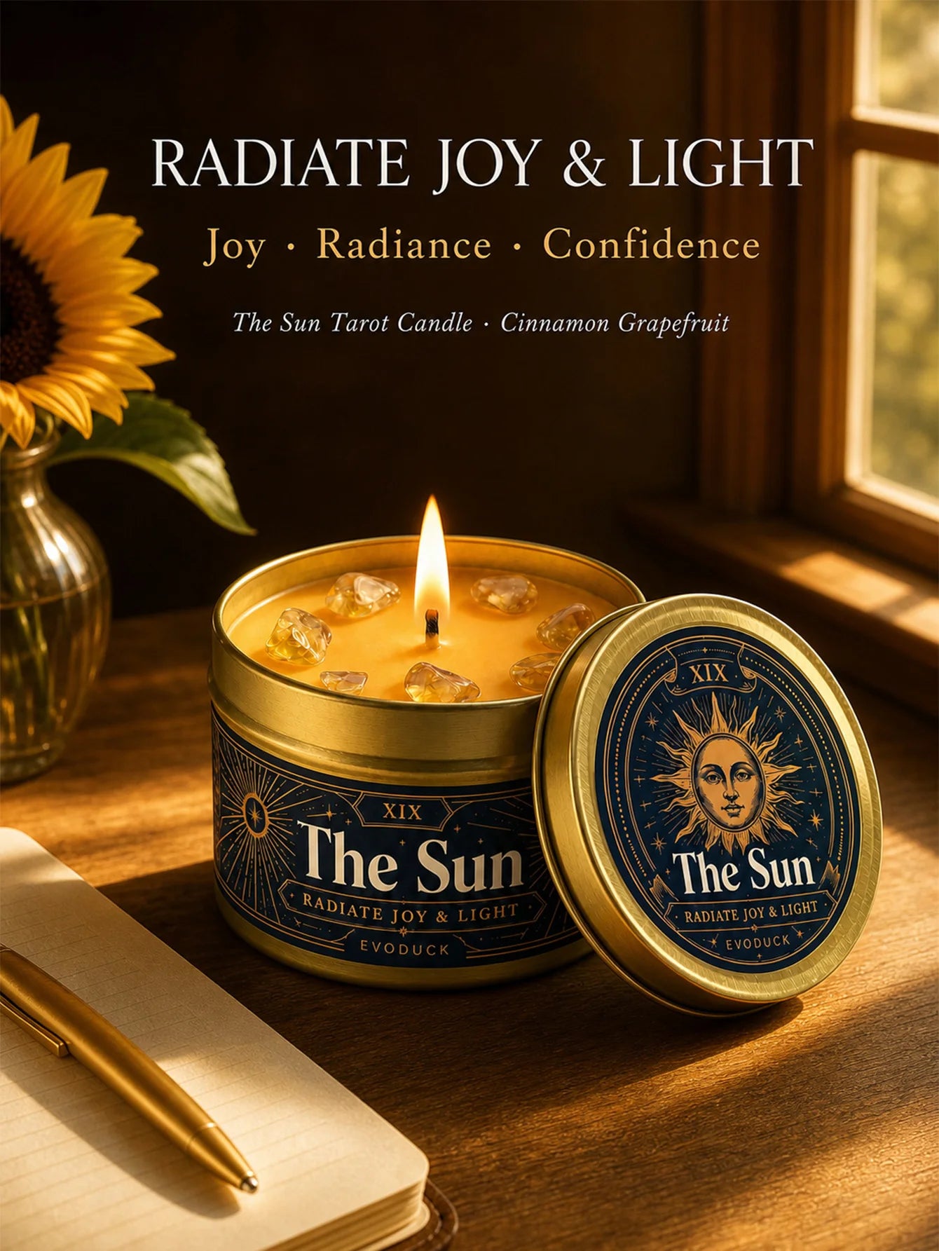The Sun Tarot Candle – Scented Crystal Candle for Witchy Altar Decor