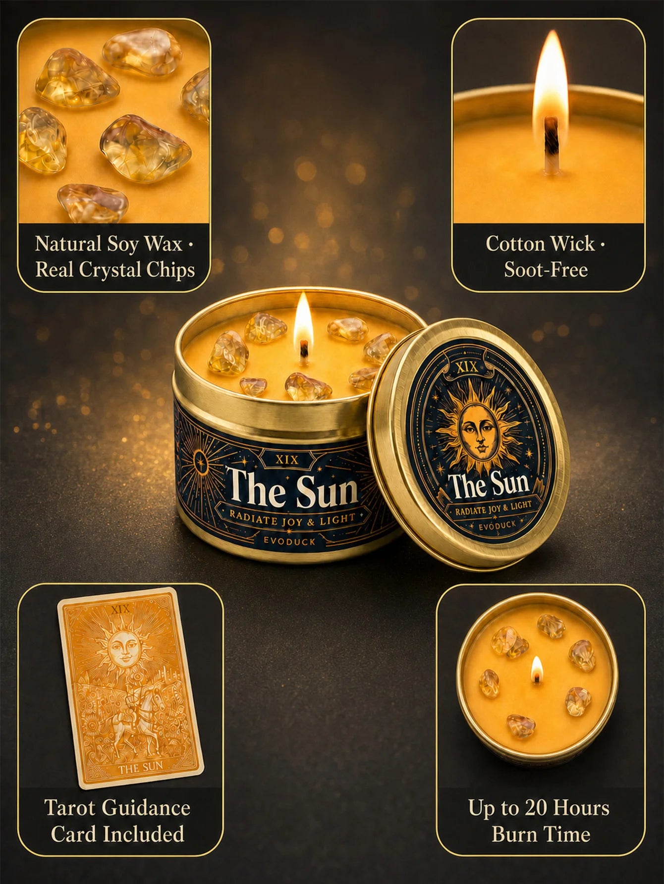 The Sun Tarot Candle – Scented Crystal Candle for Witchy Altar Decor