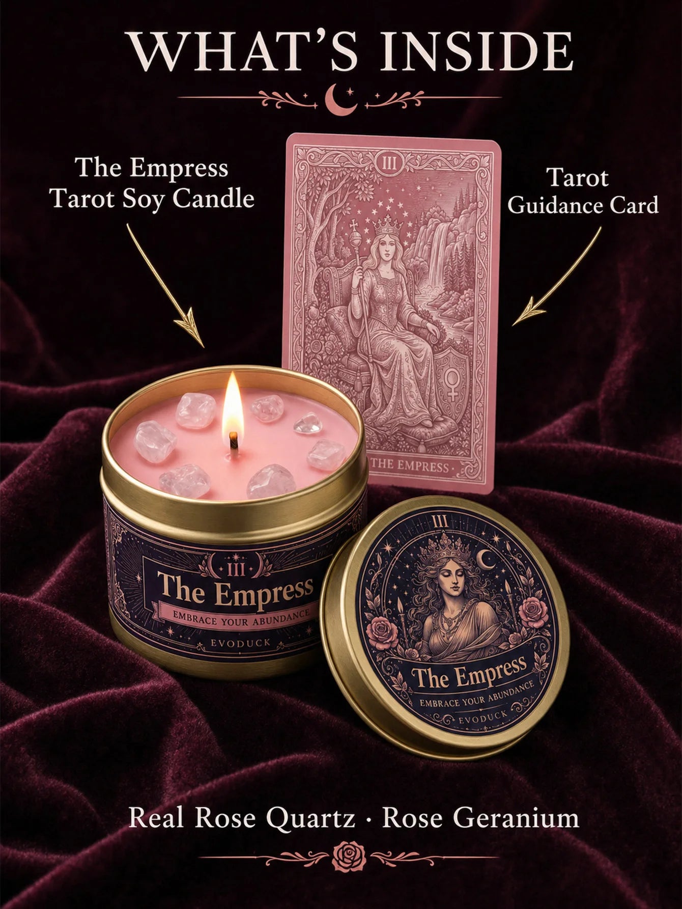 The Empress Tarot Candle – Rose Geranium Scented Rose Quartz Candle