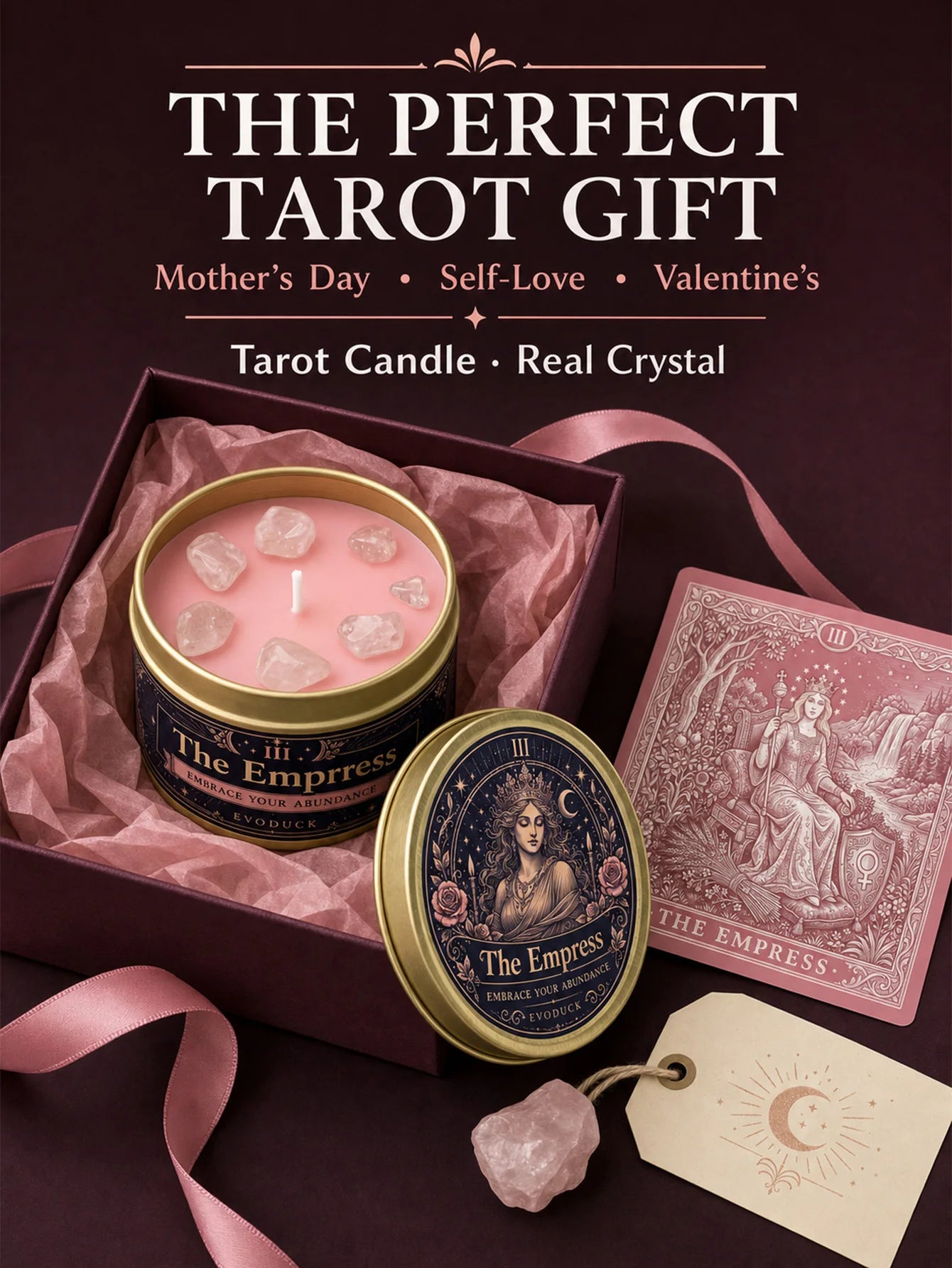 The Empress Tarot Candle – Rose Geranium Scented Rose Quartz Candle