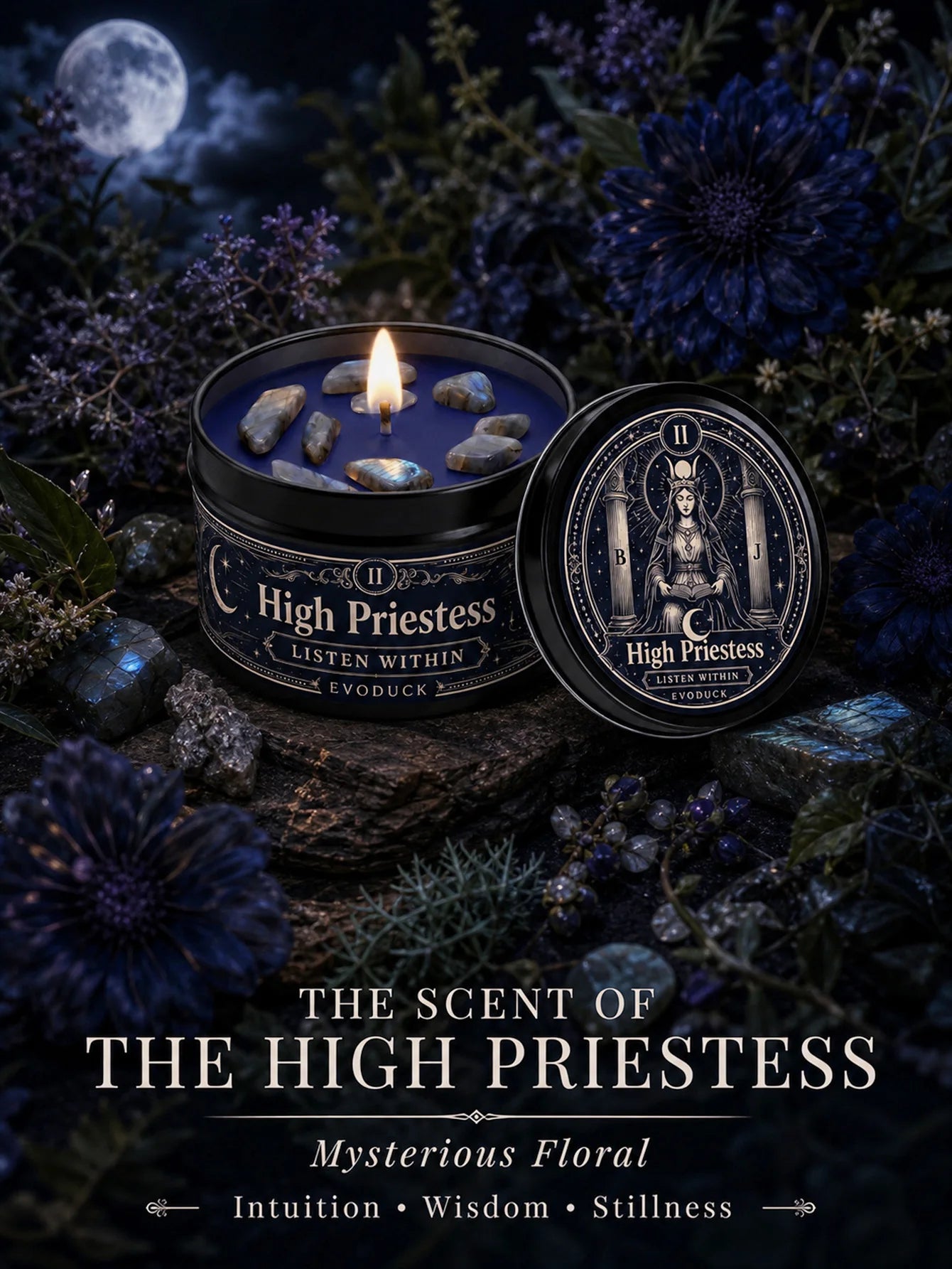 The High Priestess Tarot Candle – Scented Crystal Witchy Altar Candle