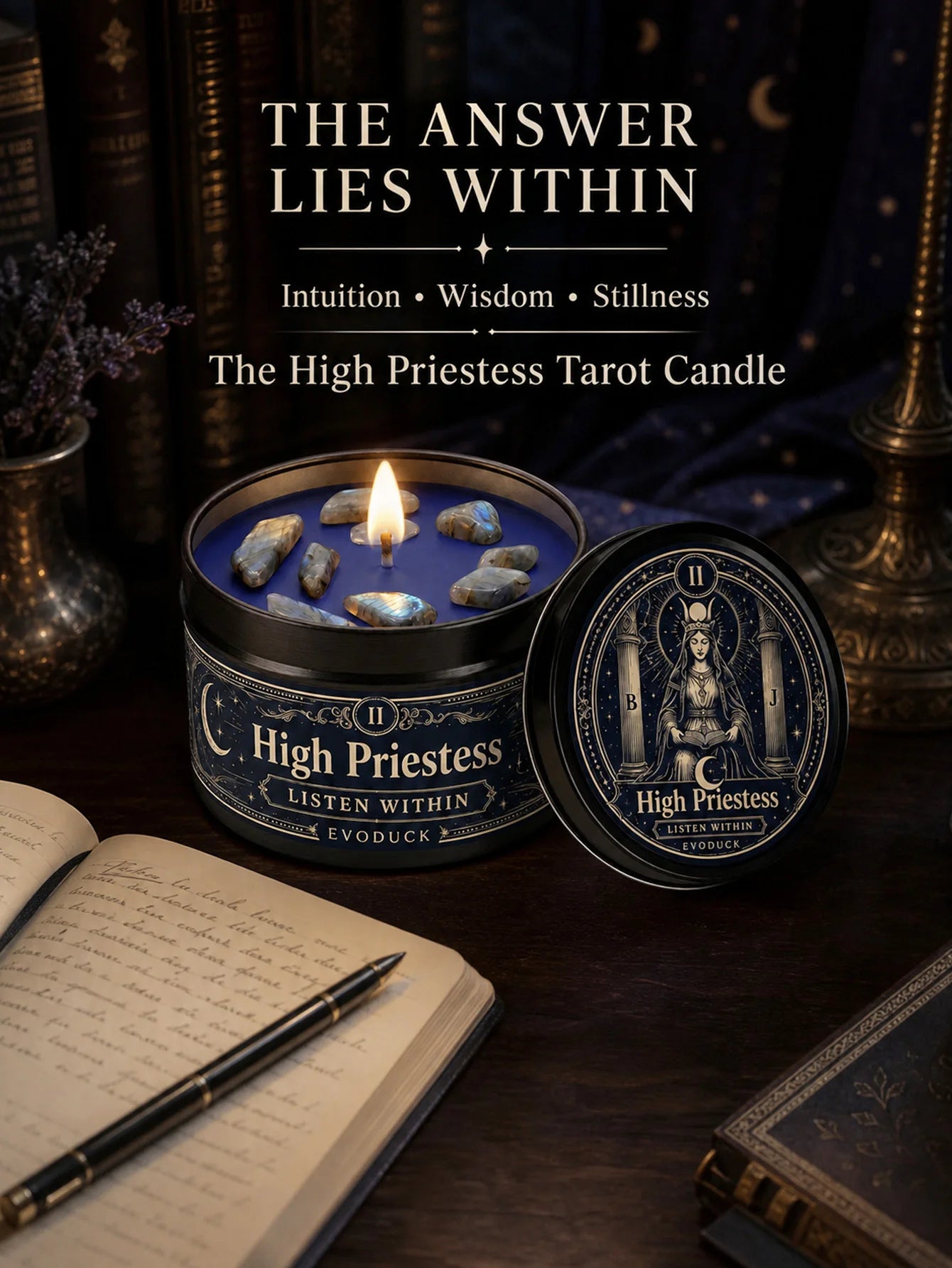 The High Priestess Tarot Candle – Scented Crystal Witchy Altar Candle