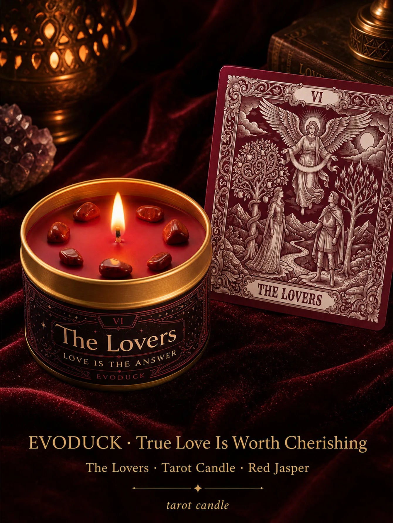The Lovers Tarot Candle – Orange Blossom Vanilla Scented Crystal Candle