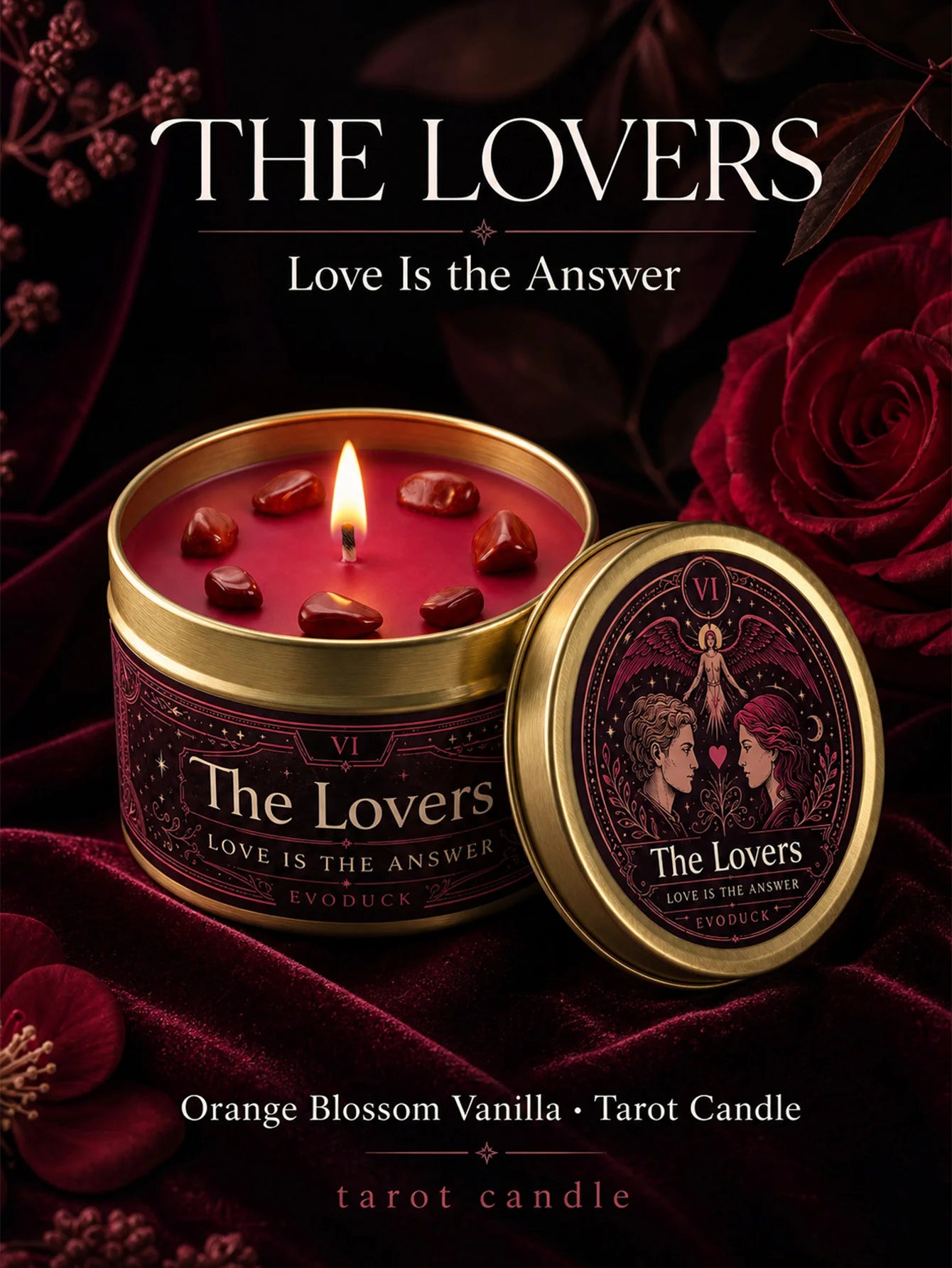 The Lovers Tarot Candle – Orange Blossom Vanilla Scented Crystal Candle