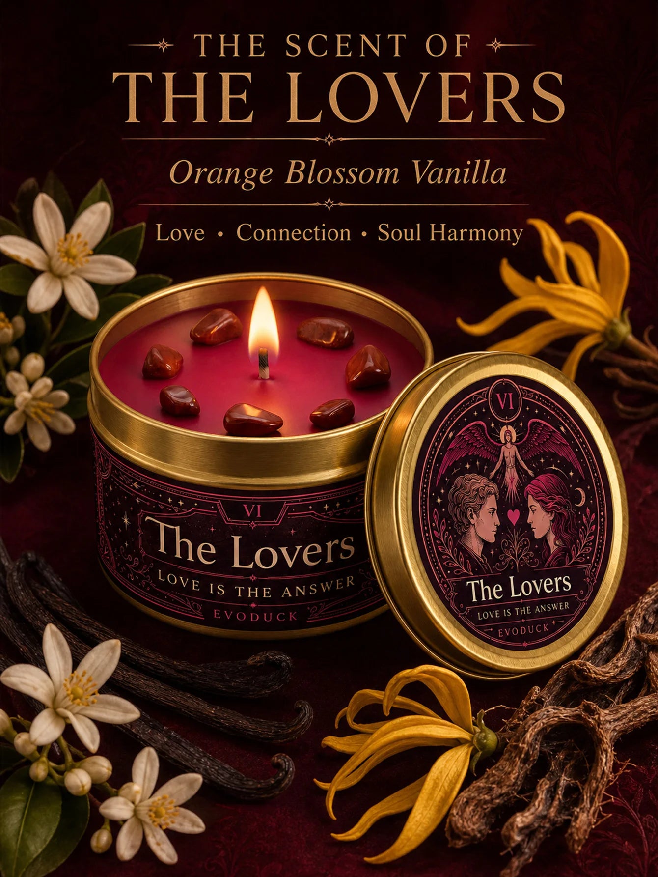 The Lovers Tarot Candle – Orange Blossom Vanilla Scented Crystal Candle