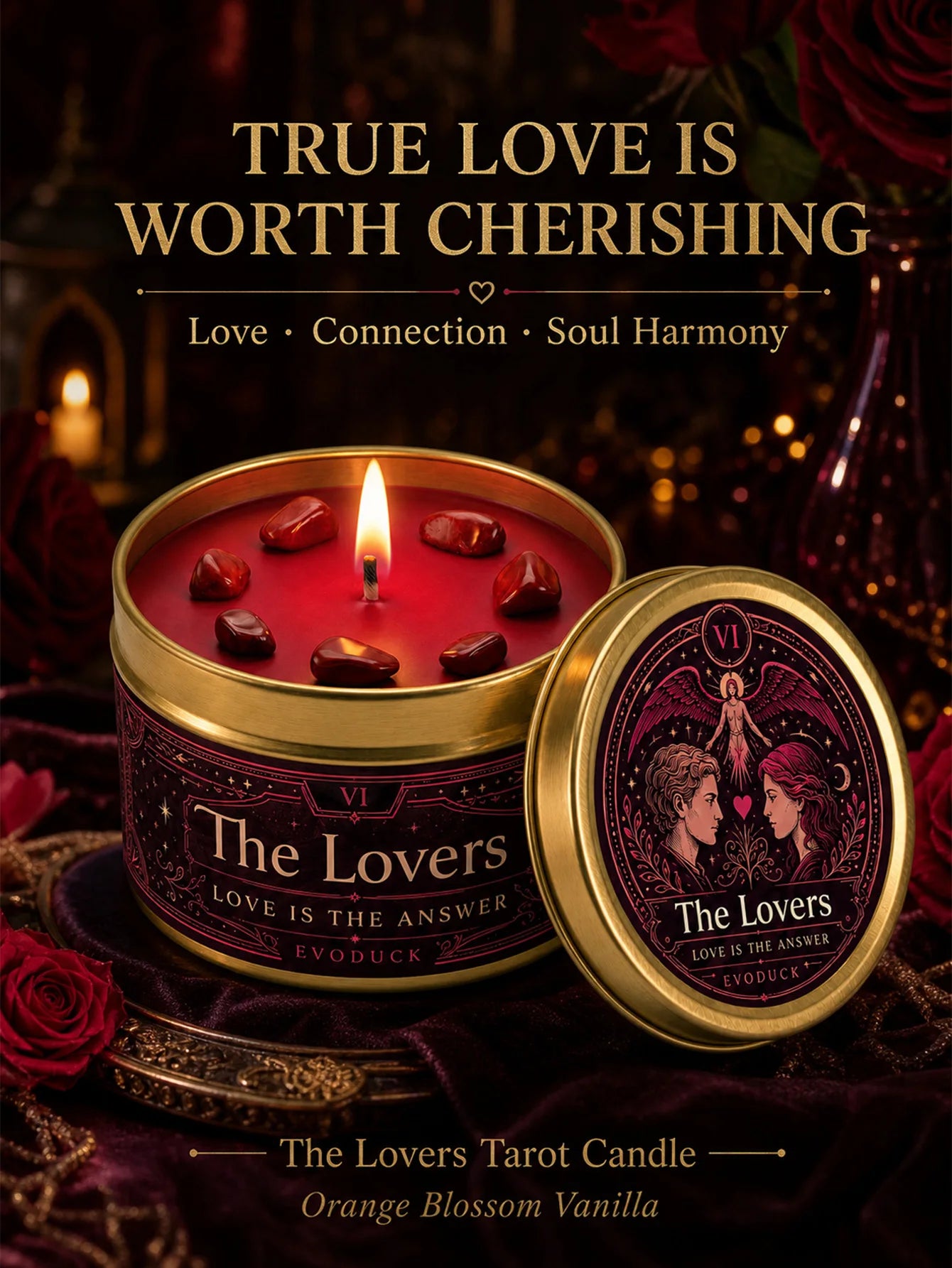 The Lovers Tarot Candle – Orange Blossom Vanilla Scented Crystal Candle