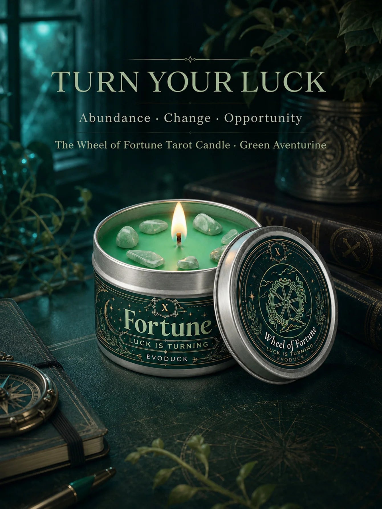 Wheel of Fortune Tarot Candle – Scented Crystal Witchy Altar Candle