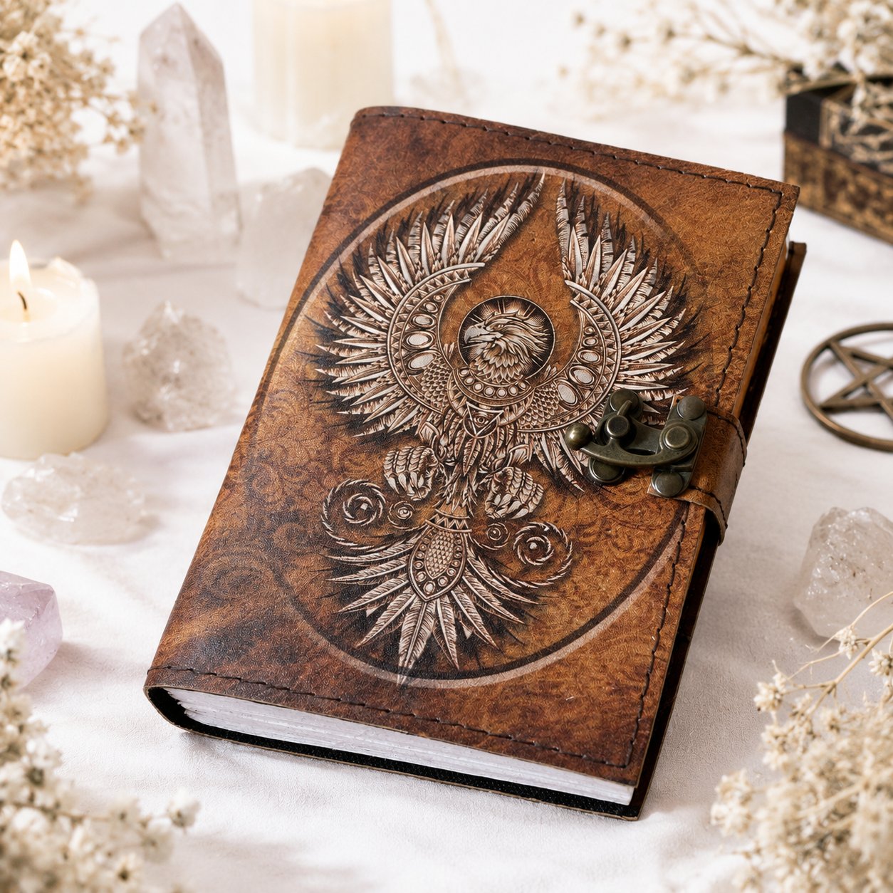 Eagle Spirit Printed Leather Journal – Antique Witch Grimoire Book of Shadows – leather journal, back cover view