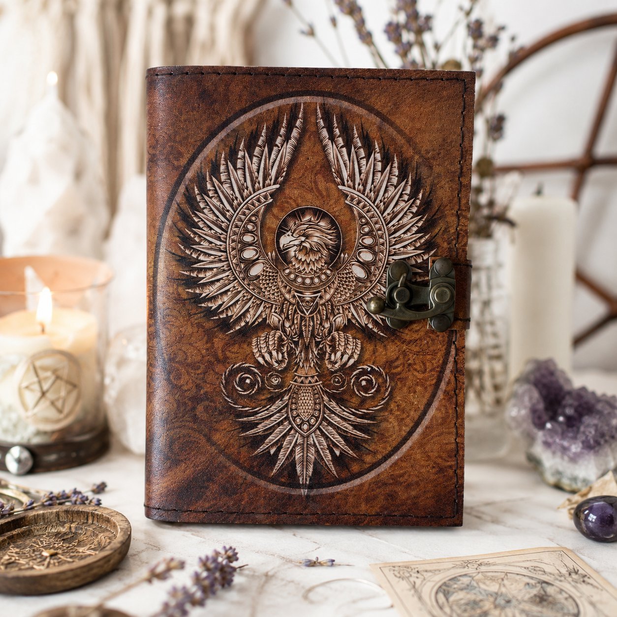 Eagle Spirit Printed Leather Journal – Antique Witch Grimoire Book of Shadows – leather journal, open blank pages view