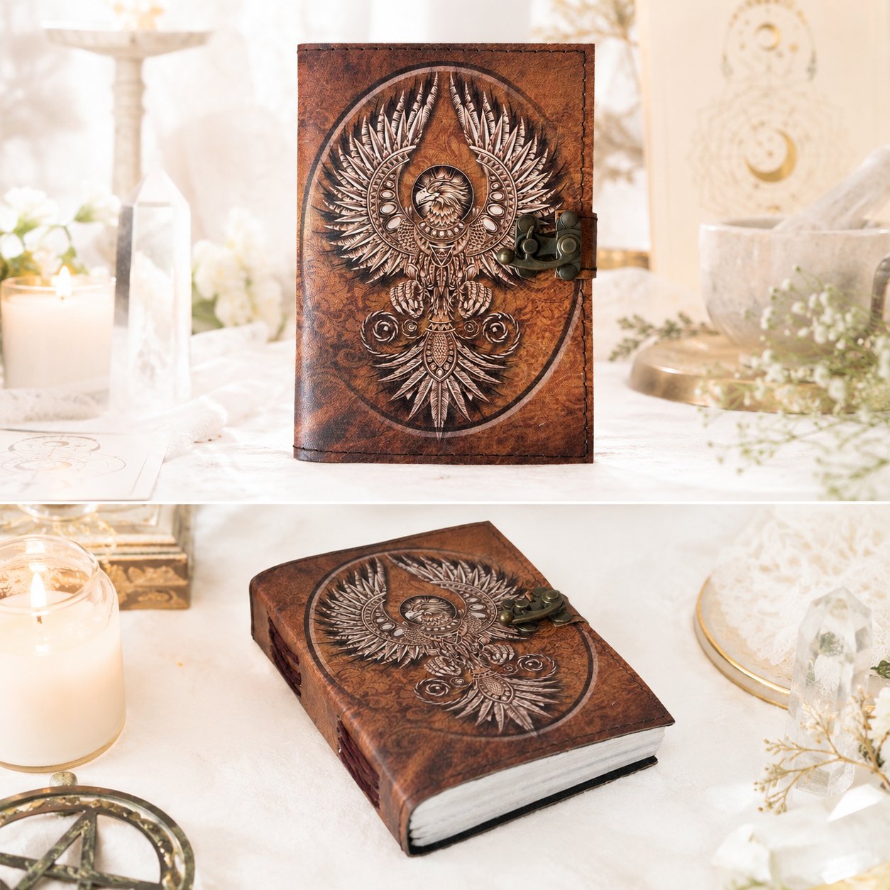 Eagle Spirit Printed Leather Journal – Antique Witch Grimoire Book of Shadows – leather journal, size and scale view
