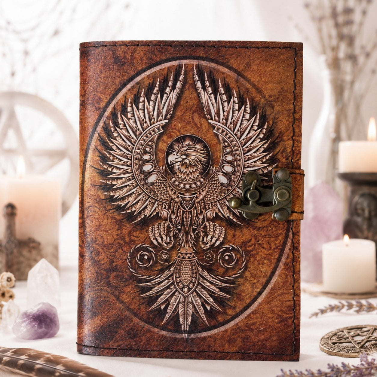 Eagle Spirit Printed Leather Journal – Antique Witch Grimoire Book of Shadows – leather journal, front cover view