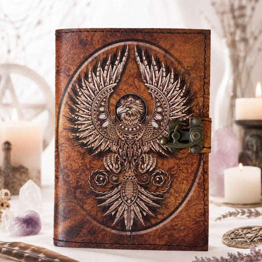 Eagle Spirit Printed Leather Journal – Antique Witch Grimoire Book of Shadows – leather journal, front cover view