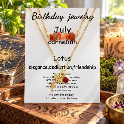July necklace card labeled Carnelian and Lotus
