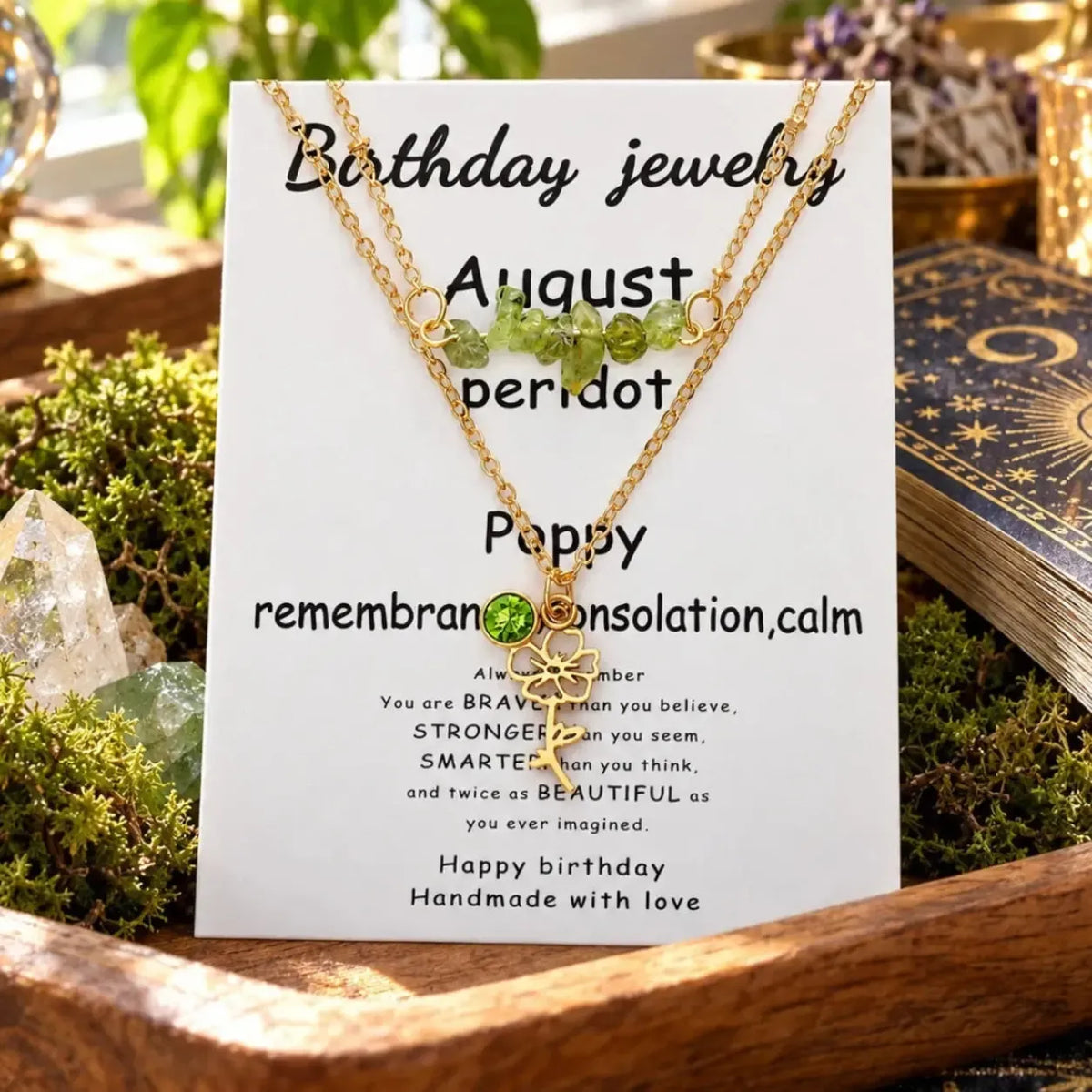 August necklace card labeled Peridot and Poppy