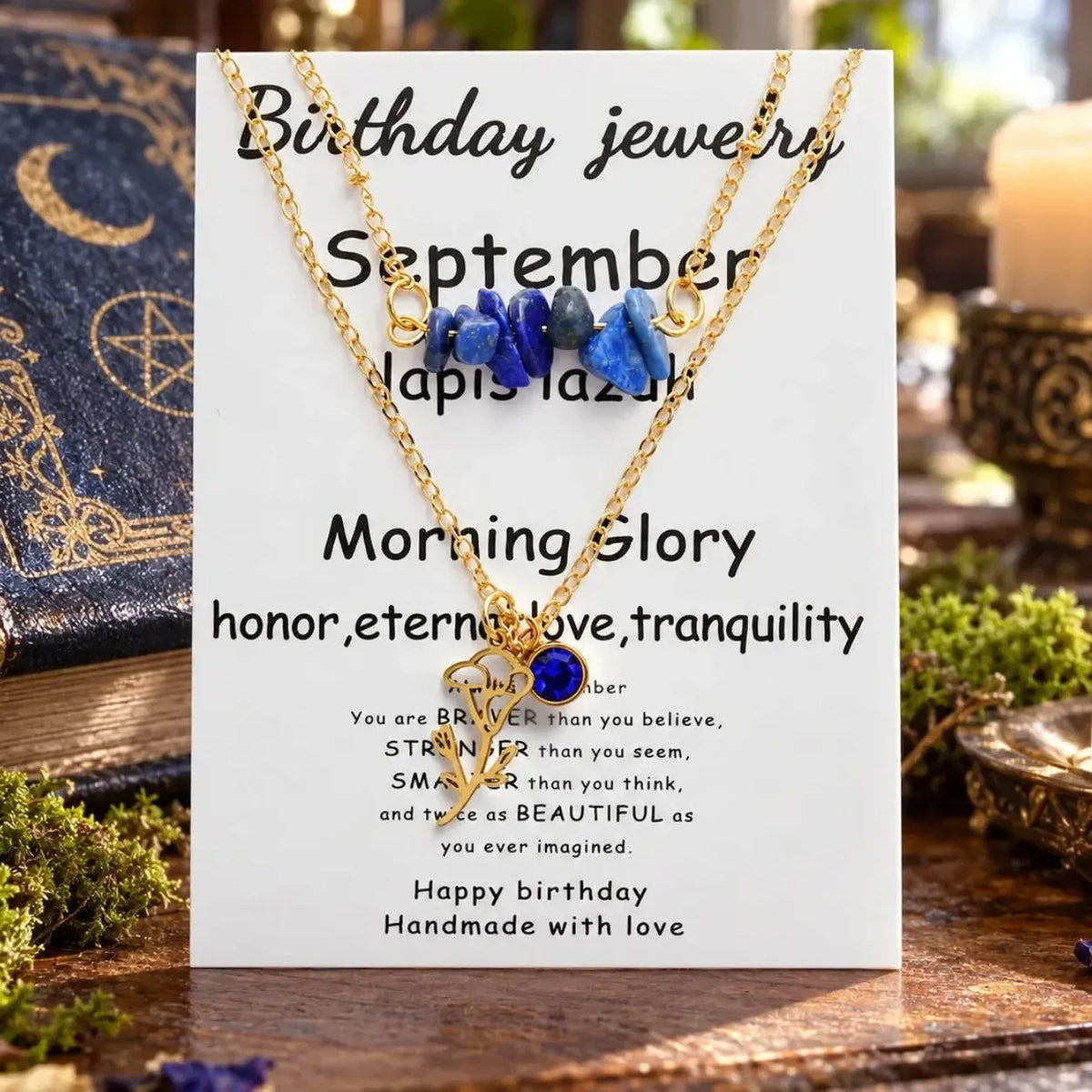 September necklace card labeled Lapis Lazuli and Morning Glory