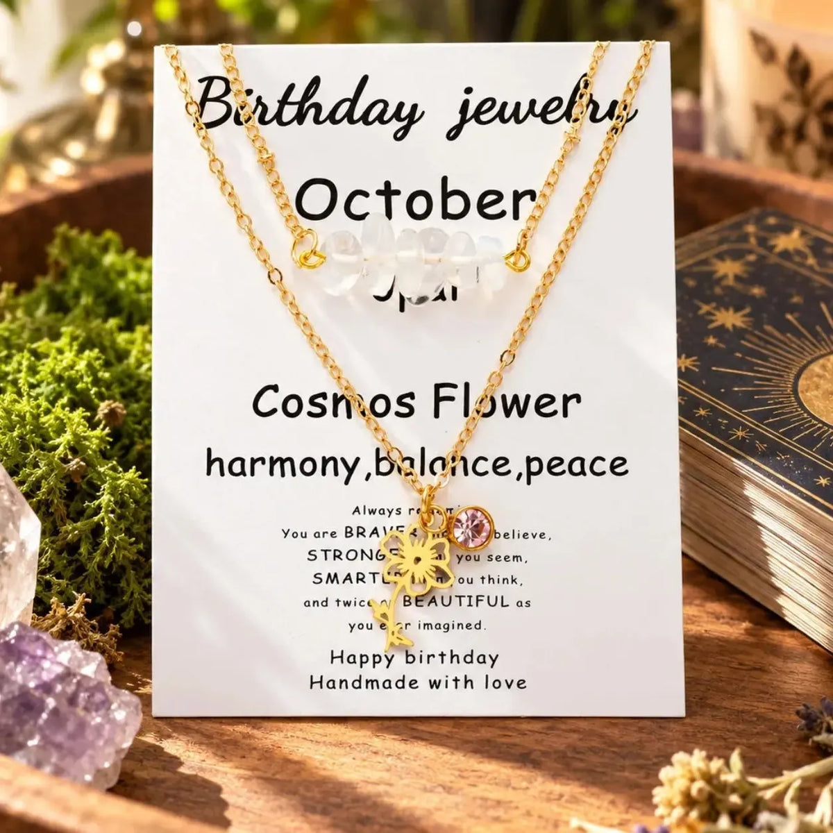 October necklace card labeled Opal and Cosmos Flower