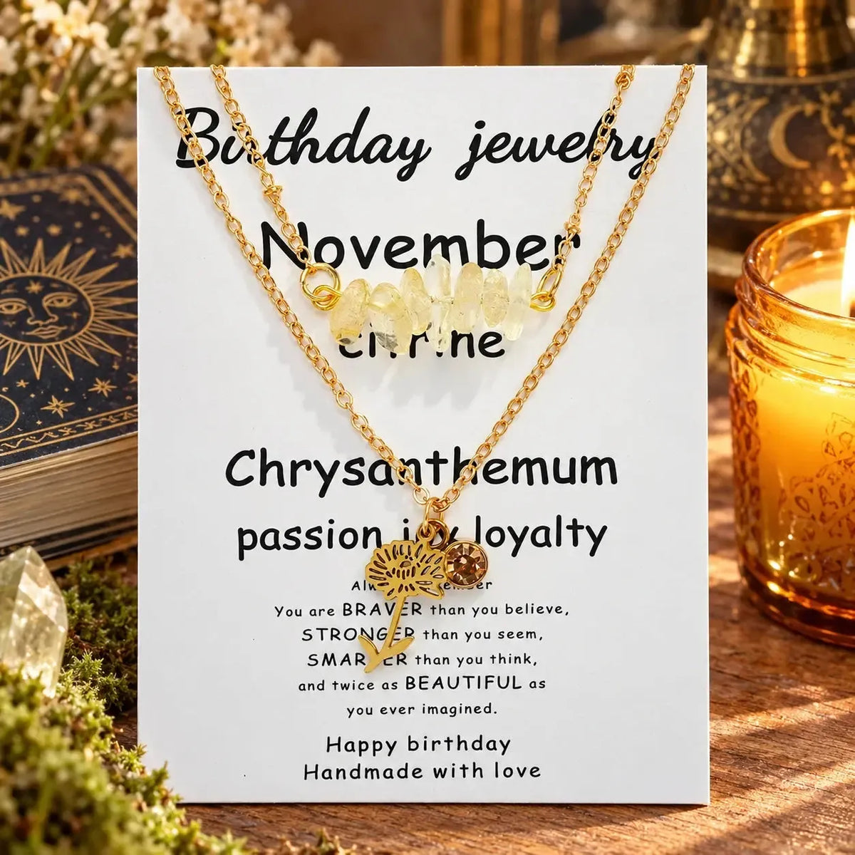 November necklace card labeled Citrine and Chrysanthemum