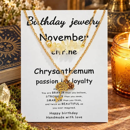 November necklace card labeled Citrine and Chrysanthemum