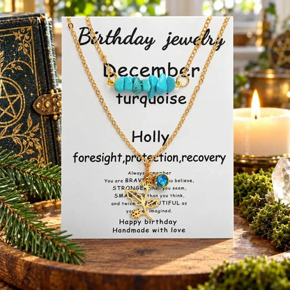 December necklace card labeled Turquoise and Holly