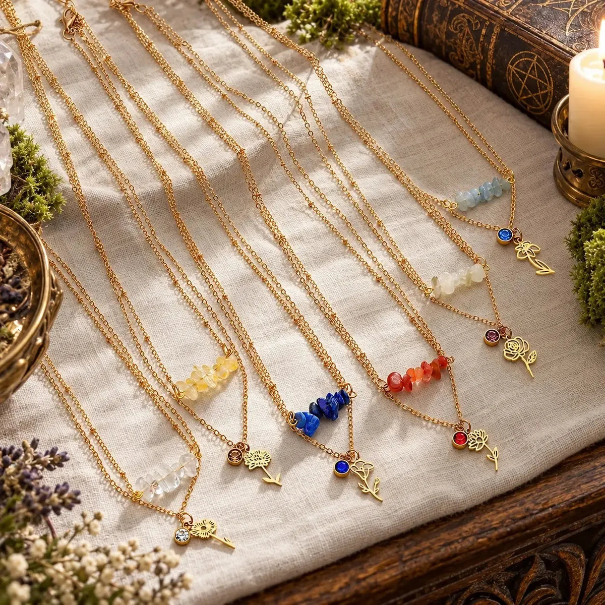 Flower necklaces and stone chip strands displayed together