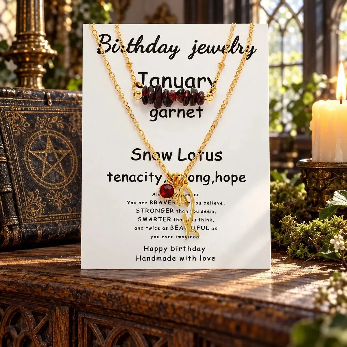 January necklace card labeled Garnet and Snow Lotus