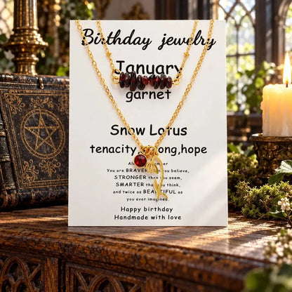 January necklace card labeled Garnet and Snow Lotus