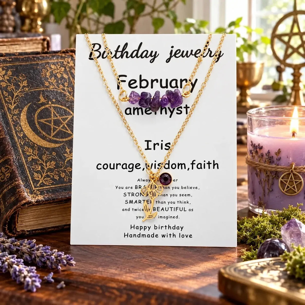 February necklace card labeled Amethyst and Iris