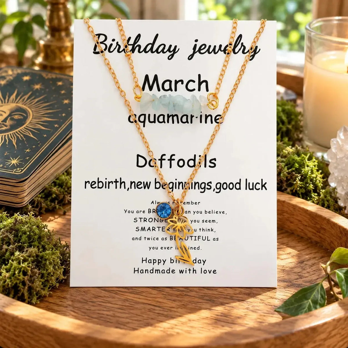 March necklace card labeled Aquamarine and Daffodils