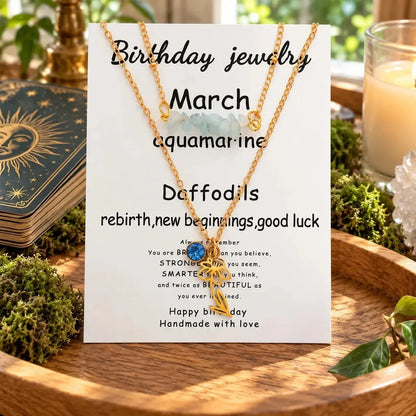 March necklace card labeled Aquamarine and Daffodils